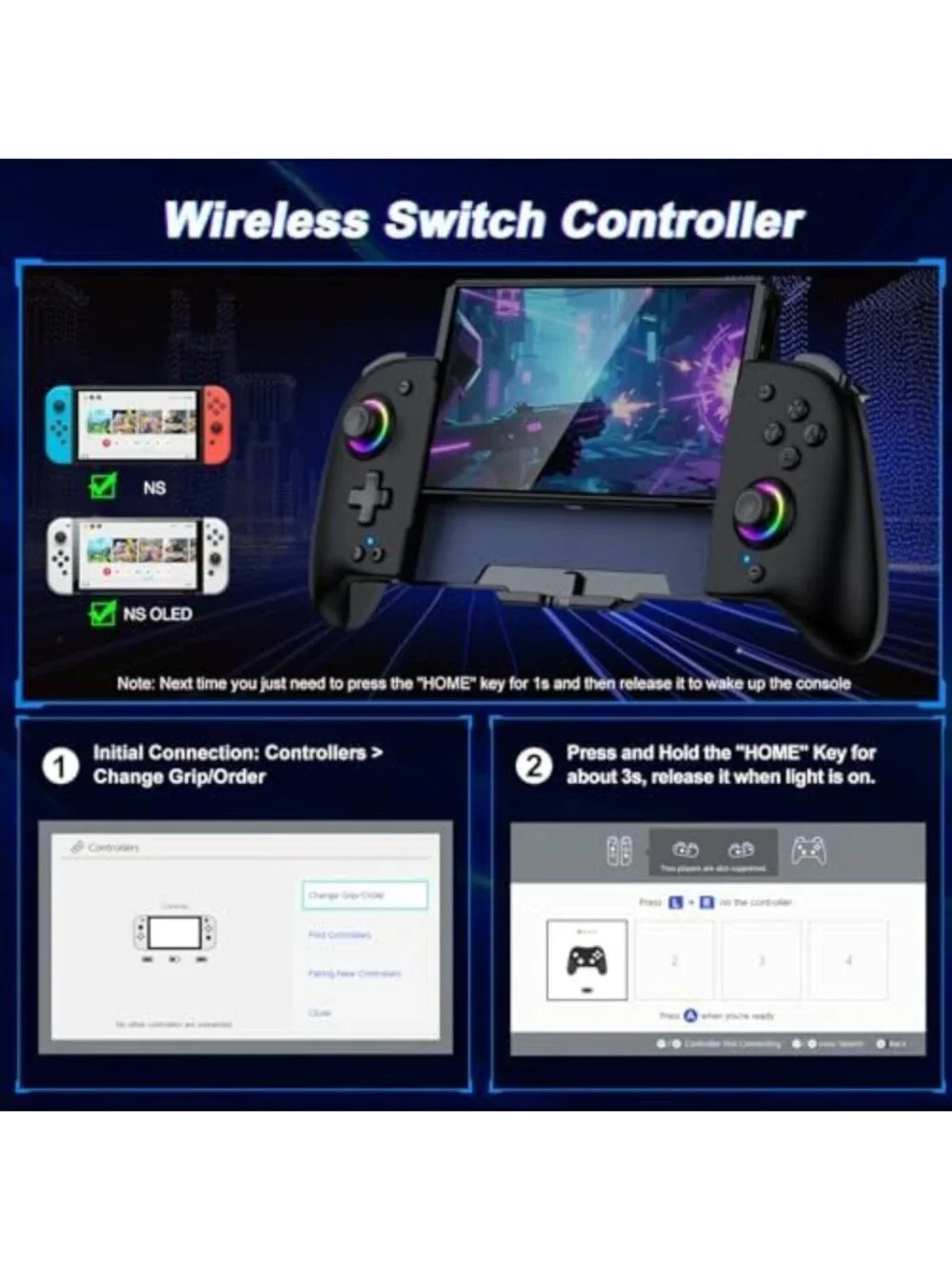 Enhanced Grip Switch Controller with Hall Effect Joysticks & RGB Lighting